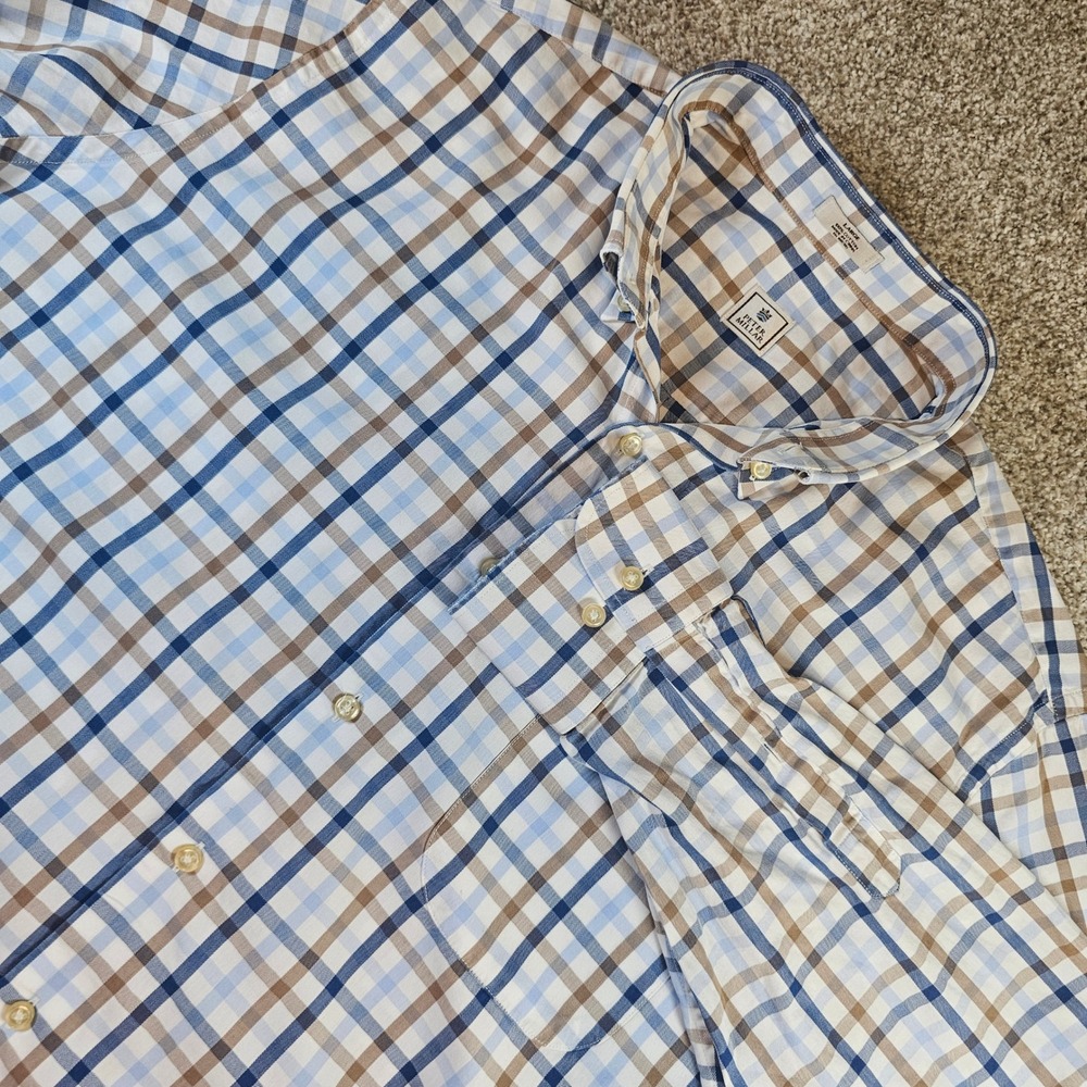 Peter Millar Mens Large Blue Brown Plaid Cotton Button Down Shirt Long Sleeve